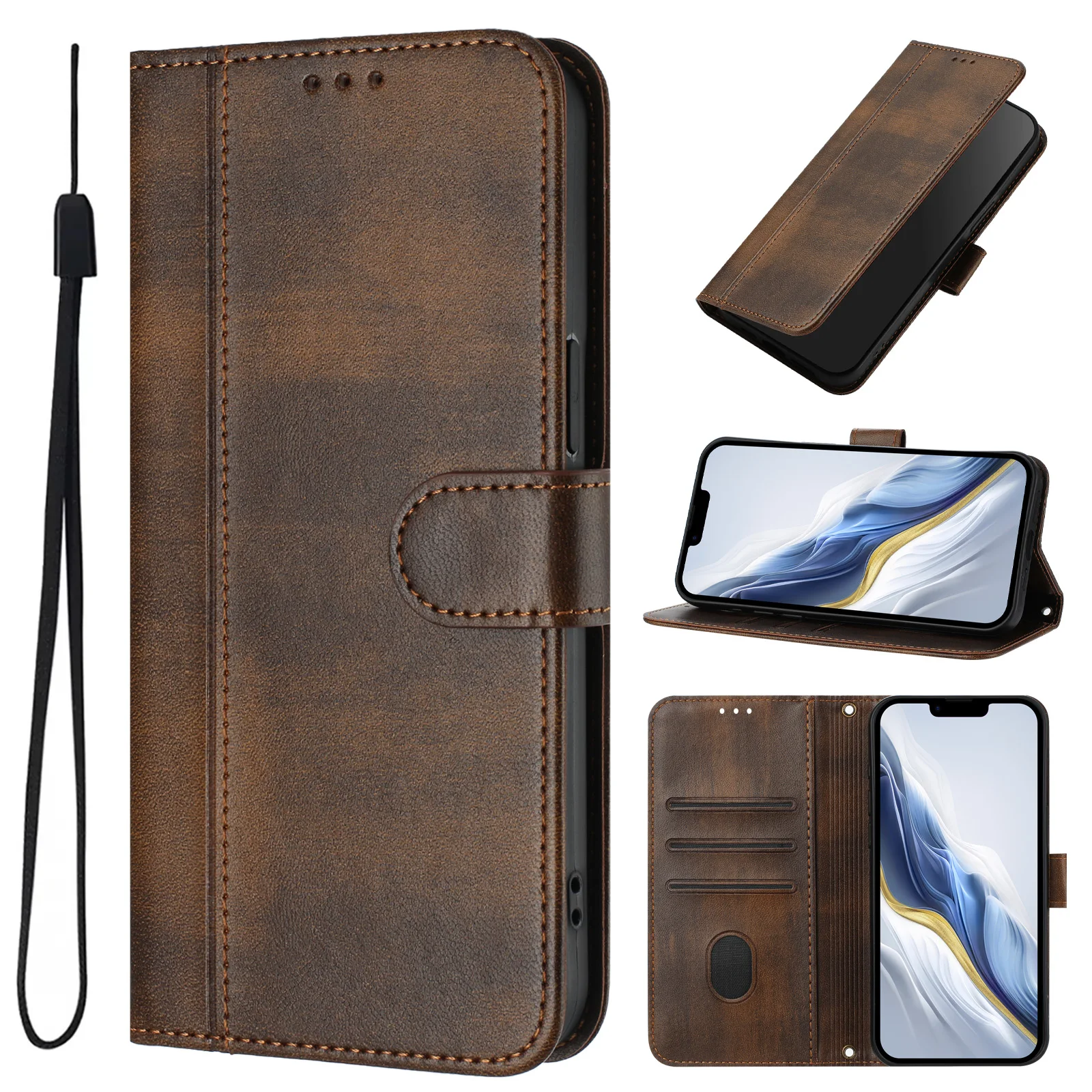 Vintage Leather Flip Phone Case with Magnetic Card Holder and Wallet Functionality