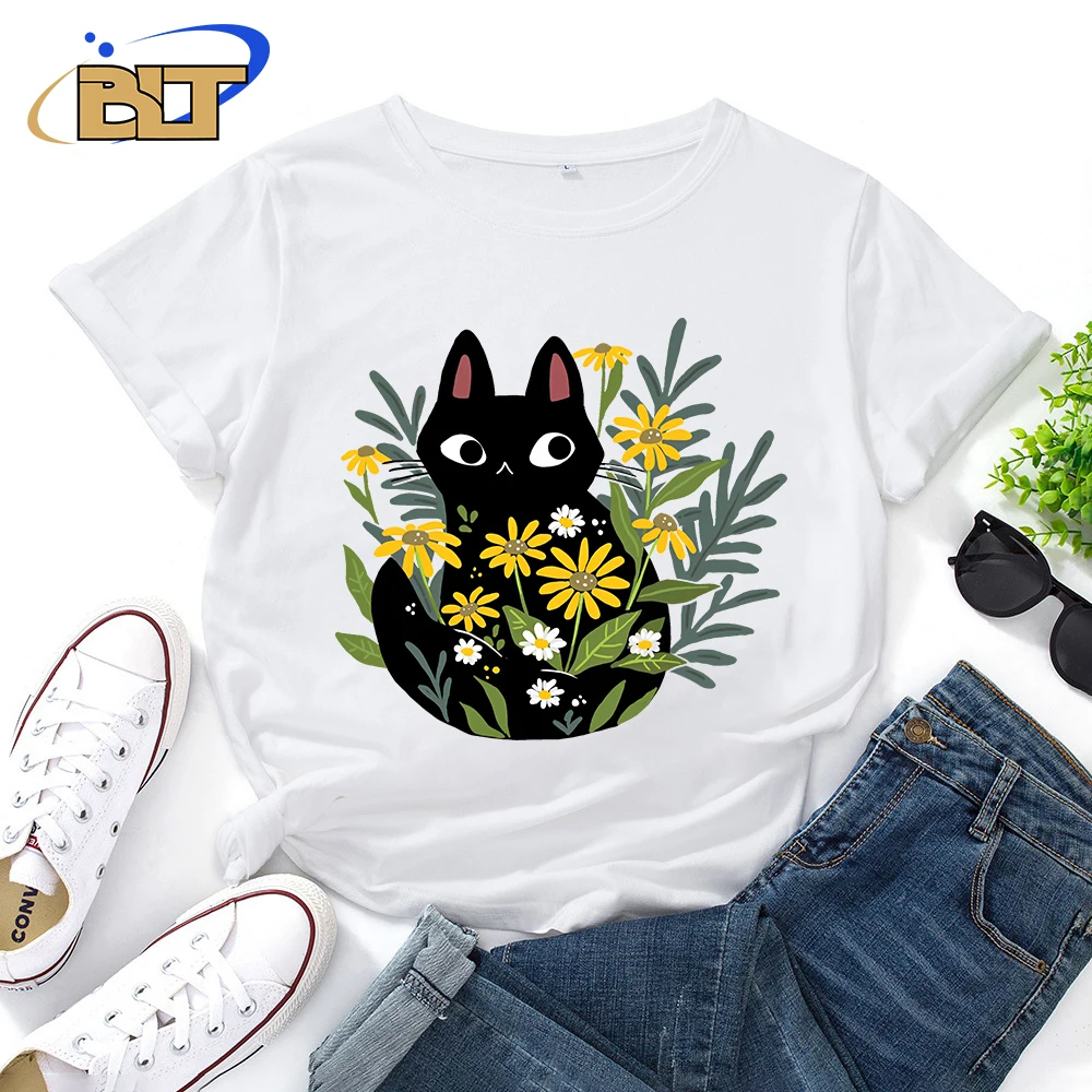 

Женская Классическая футболка с принтом черного кота и цветов, Летние повседневные топы из чистого хлопка с коротким рукавом, новинка, женская одежда