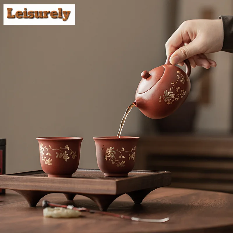 Zisha Gilded Twining Lotus Xishi Teapot Tea Set Complete Set Vintage Tea Ceremony Set Teapot and Tea Cup Set for Tea Ornaments