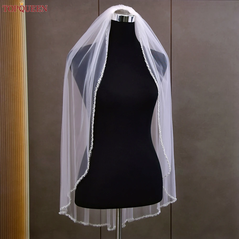 Bridal Veil TOPQUEEN V175 Crystal Edge Wedding Veils for Bride with Rhinestones Cathedral 1 Tier Wedding Hair Accessories