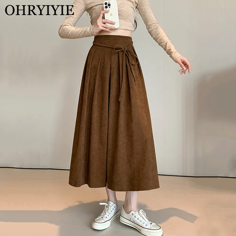 

OHRYIYIE однотонная винтажная вельветовая юбка на шнуровке женская осенне-зимняя миди длинная бархатная юбка с высокой талией женская осенняя юбка с бантом