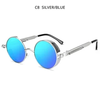 Steampunk Style Retro Round Sunglasses with Reflective Colorful Lenses