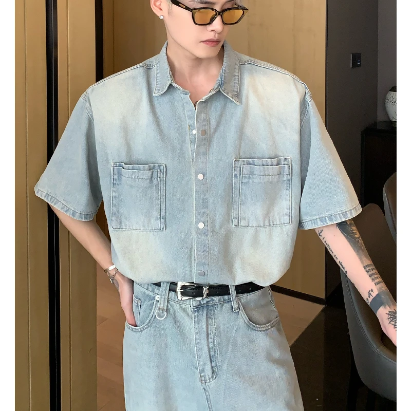 Men's Trendy Denim Sets Korean Style Spring/Summer Fashion Loose Set Men's Hip Hop Denim Top Pants Blue Size S-XL Male Clothes