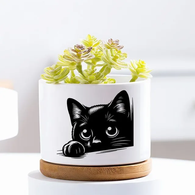 Black Cat Patterned Ceramic Flowerpot with Tray for Home Office Decor Gift for Plant Lovers Family Friend (excluding Plants) 3