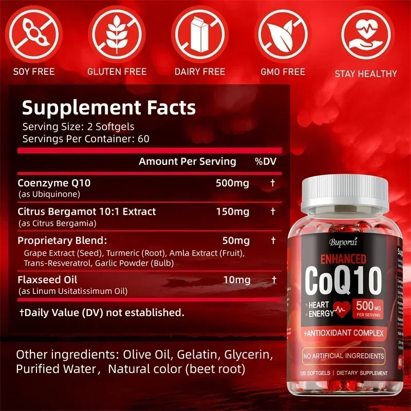 CoQ10 Supplement - Supports Heart and Cardiovascular Health, Anti-Aging, Energy Supplement, Gluten-Free, Non-GMO 2
