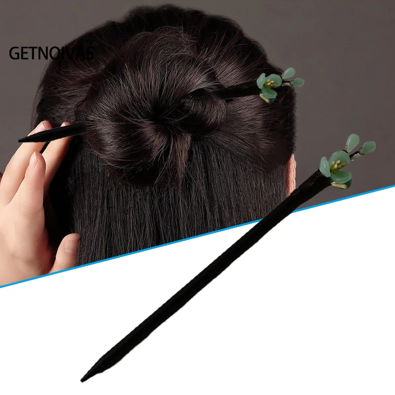 Floral Hair Pins Handmade Wooden Twist Bun Pin Chopsticks Flower Hair Clips Chinese Hair Stick Hanfu Headdress Hair Accessories