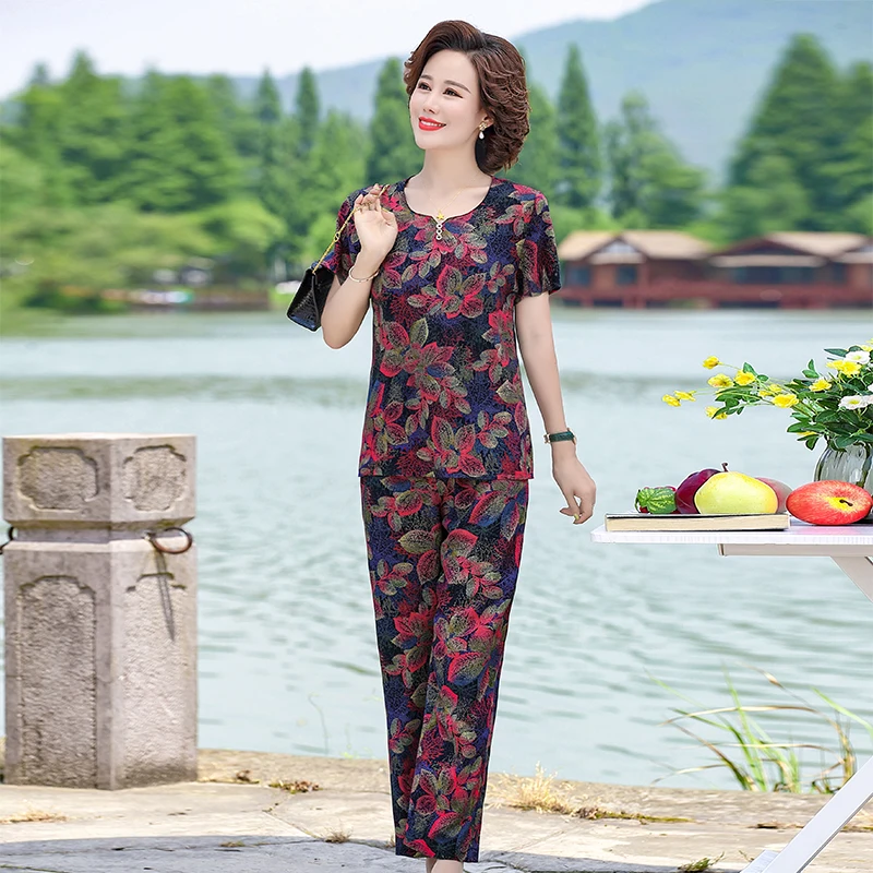 

Middle-aged Women 2 Piece Set Summer Suits Short Sleeve Print Tops and Pants Two-piece Female T-shirt Women Clothing