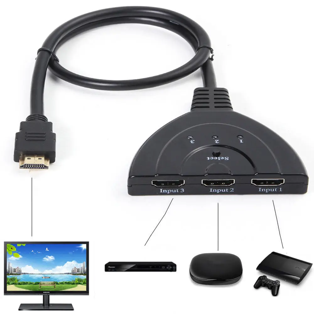 HDMI Splitter Converter 3x1 HDMI-compatible Cable Splitter HD 1080P Video Switcher Adapter 3 Input 1 Output Port Hub for Xbox PS4 DVD HDTV PC Laptop TV