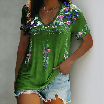 2026 New European & American Women's Summer Collection | Bohemian Printed V-Neck Short Sleeve T-Shirt 1
