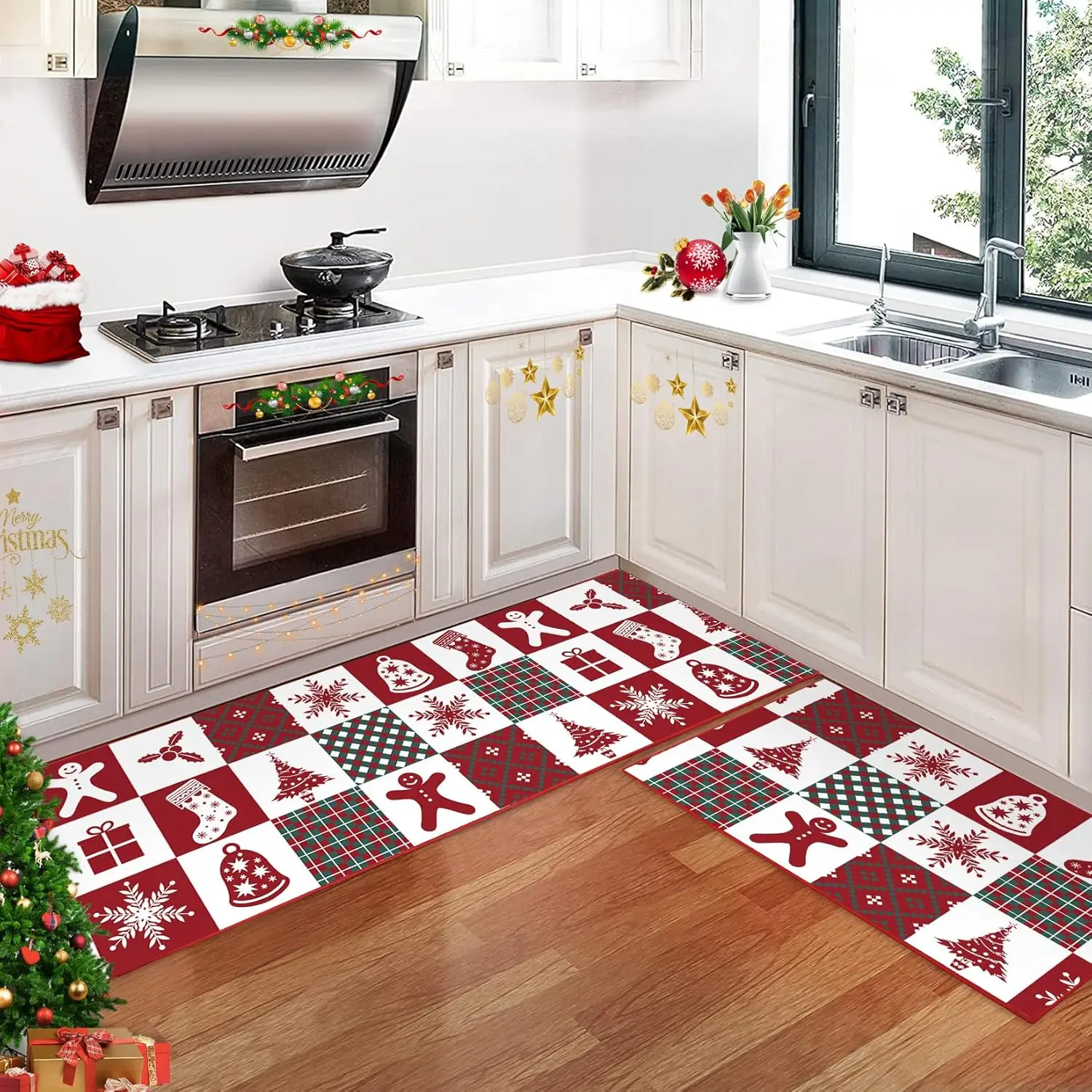 2er-Set dekorative Weihnachtsküchenteppiche mit Schneeflocke, rutschfeste, waschbare Küchenmatte für die Weihnachtsdekoration im Winter zu Hause – Detail 34