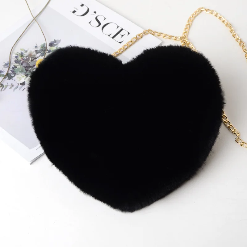 Women Shoulder Bag Heart Shaped Handbags Crossbody Plush Chain Faux Fur Wallet Purse