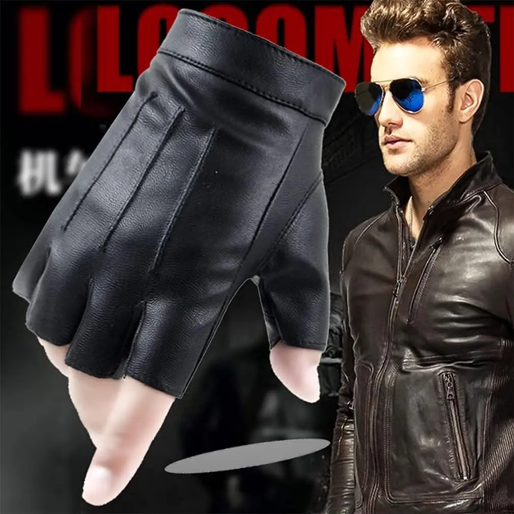 Fingerless Driving PU Leather Gloves Outdoor Sport Faux Half Finger with Anti-slip Layer Glove for Men Women 3