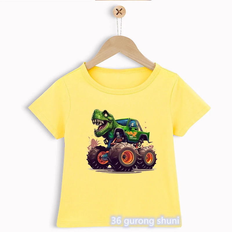 

Monster Truck T Rex Print Yellow T Shirt Girls/Boys Kawaii Kids Clothes Funny Dinosaurs Tshirt Summer Fashion Tops Tee Shirt