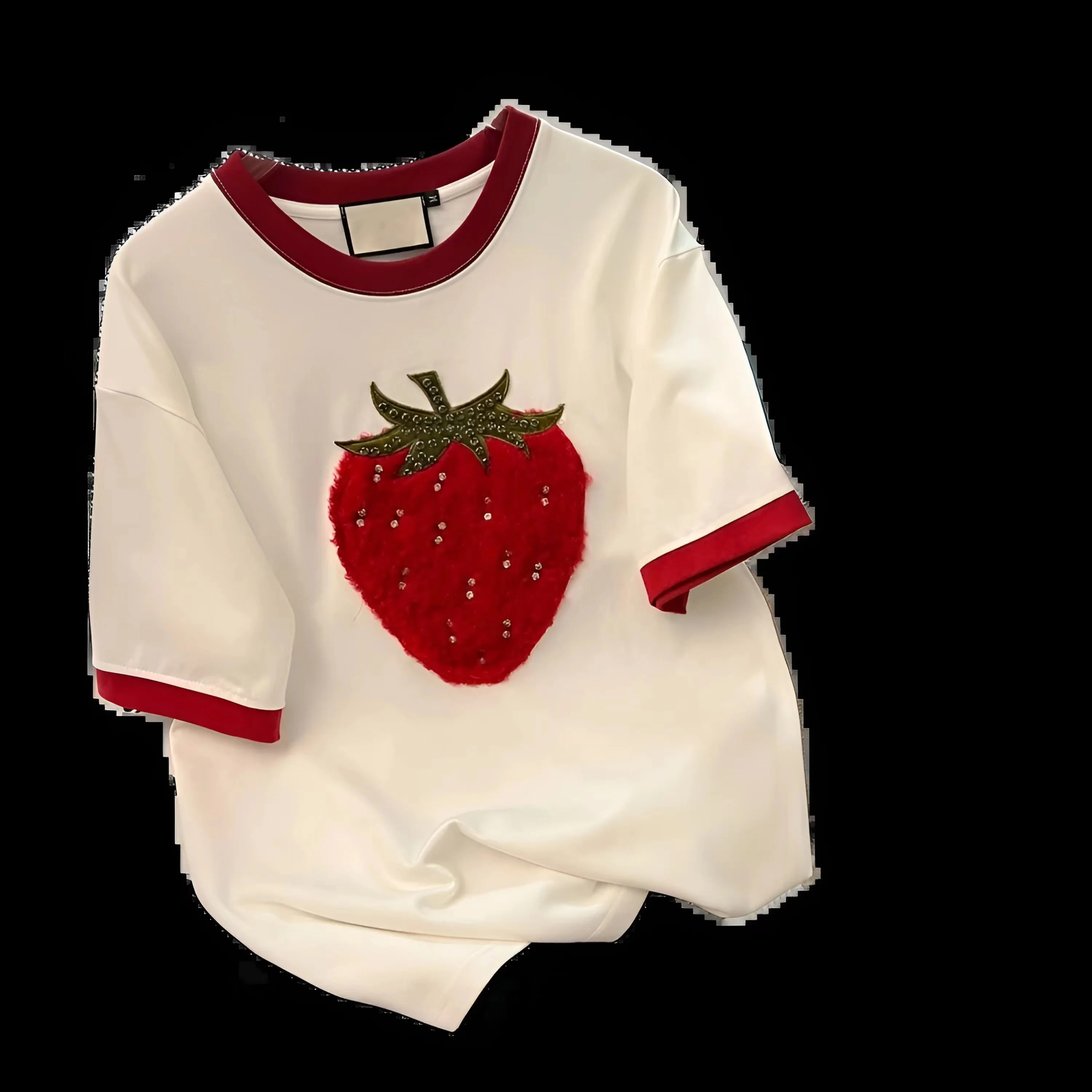 

2024 Summer Cotton Short Sleeve T Shirt Strawberry Embroidery Round Neck New Top Loose Ladies Tops