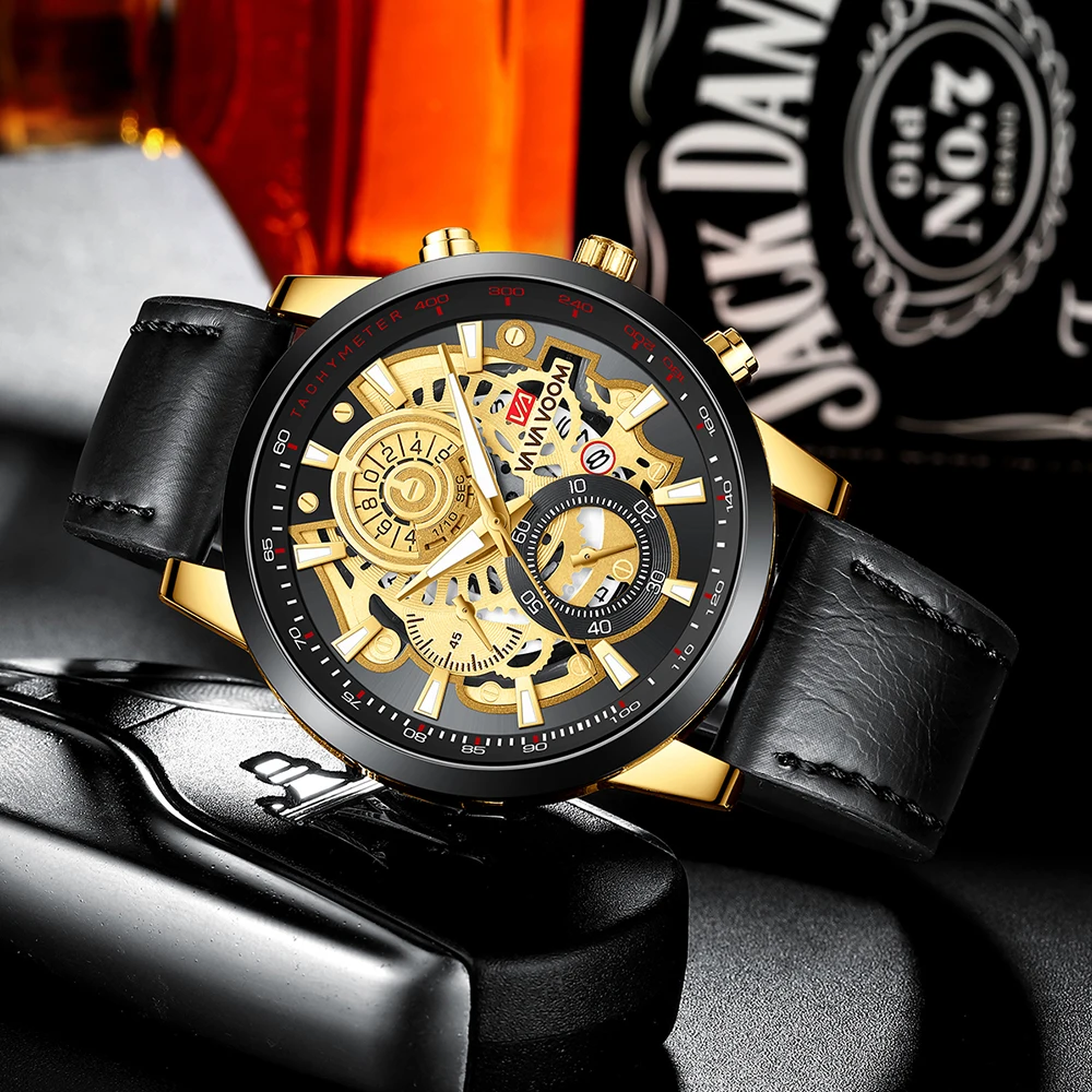 Brand Men Leather Watch Fashion Industrial Gear Clock 45mm Gold Quartz Movement Waterproof Man Military Sports Watch_voghion.com