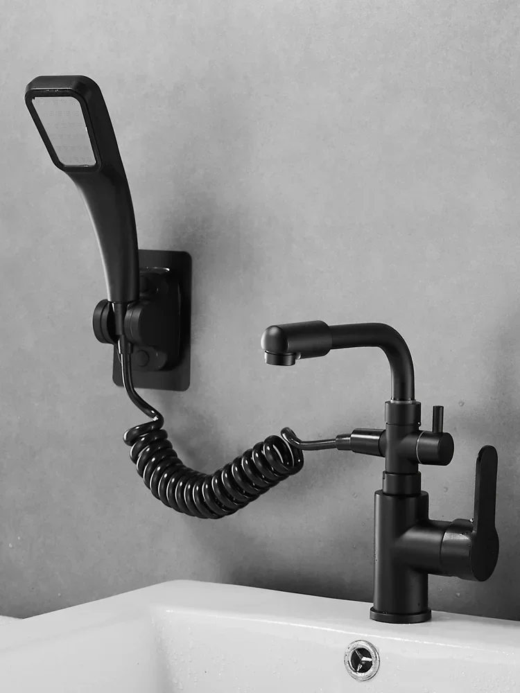 

Black Basin Faucet with Shower Head Nozzle Washbasin Hot and Cold Faucet
