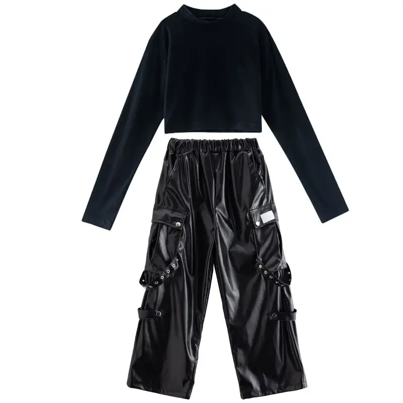 Jazz Dance Girls Clothes Kids Hip Hop Dance Costume Black Leather