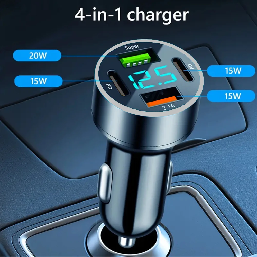 Total 200W Dual USB C Car Charger with Voltage Display Super Fast Charging Adapter 4 in 1 for iPhone Samsung Xiaomi Huawei OPPO phone charger car charger phone charger adapter car phone charger