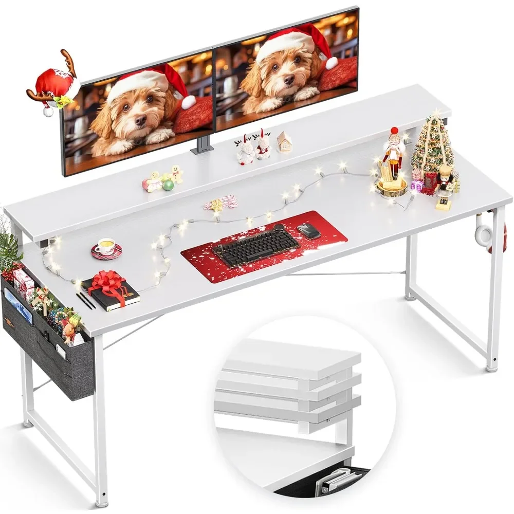 

Computer Desk with Adjustable Monitor Shelves, 63 inch Home Office Desk with Monitor Stand, Writing Desk, Study Workstation