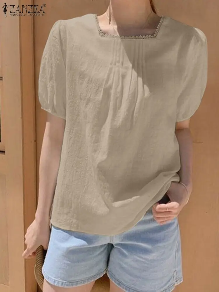 

2023 ZANZEA Fashion Lace Patchwork Shirt Summer Square Collar Puff Sleeve Blouse Female Casual Tunic Blusas Elegant OL Work Tops
