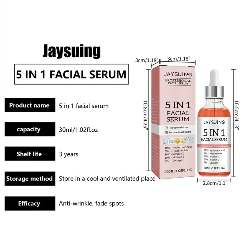 Jaysuing 5 In 1 Hyaluronic Acid Face Serum 30ml Moisturizing Vitamin C Collagen Lightning Facial Serum Shrink Pores Skin Care 6