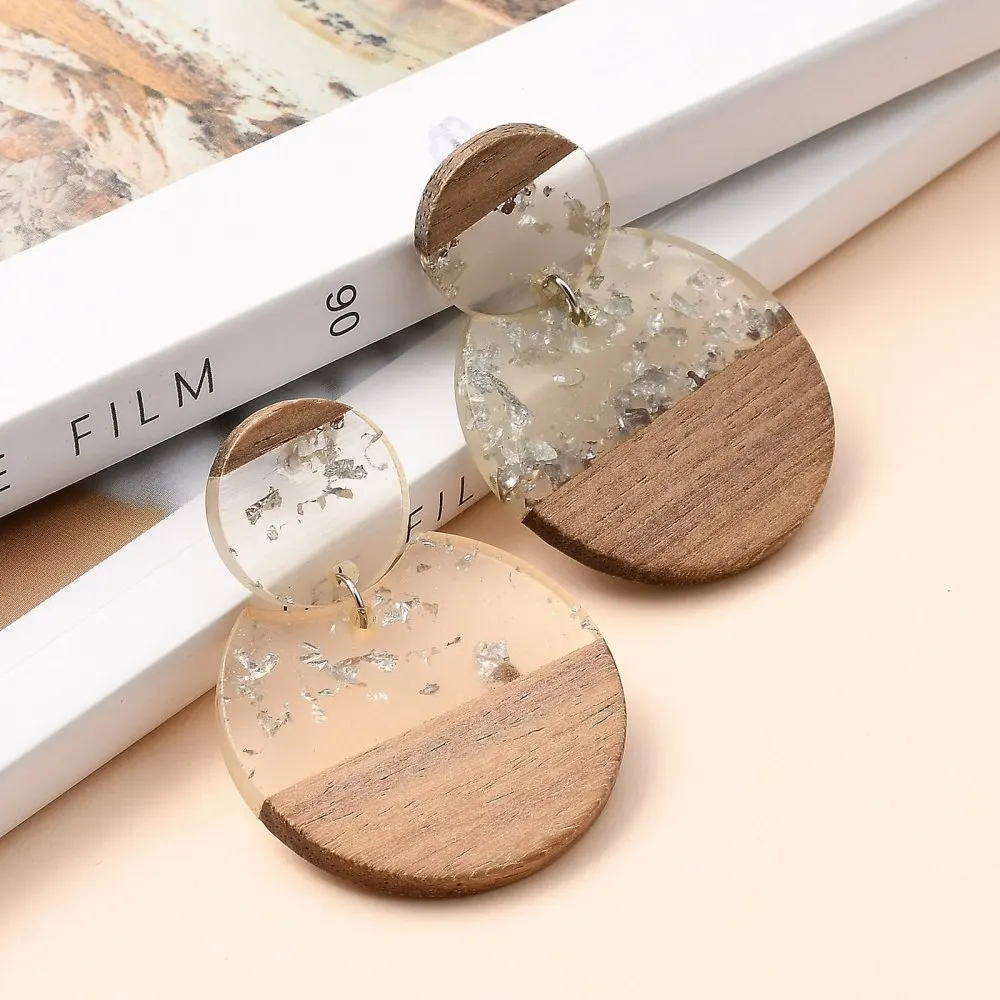 5Pairs Resin Walnut Wood Dangle Stud Earrings with Gold Foil Steel Pin Round Earring Stud Base Connectors for Jewelry Making DIY