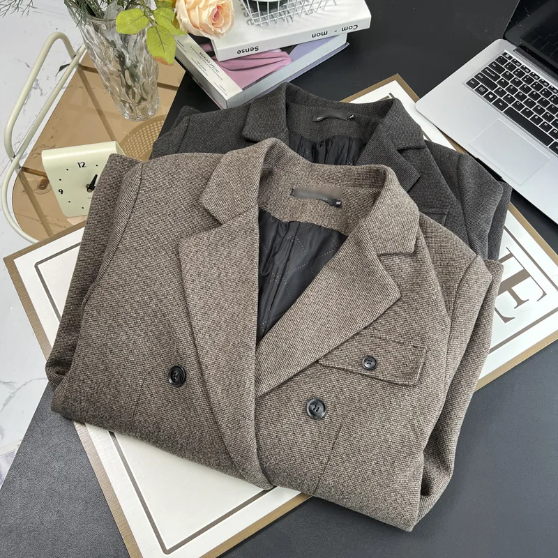 Plus Size Women Blazer Winter Thicken Warm Quilted Woolen Lounge Jacket Fashion Double Breasted Long Overcoat 2429