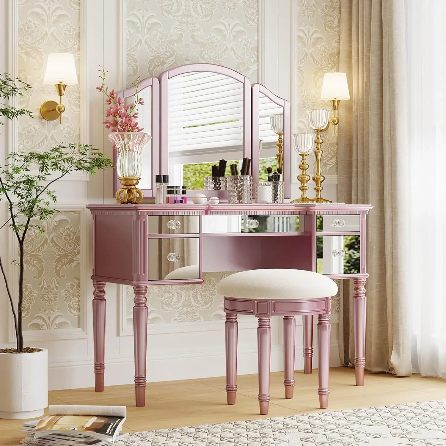 

43'' Makeup Vanity Set, Dressing Table Set with Tri-fold Mirror, Makeup Table Desk Set with Mirrored Drawers and Cush