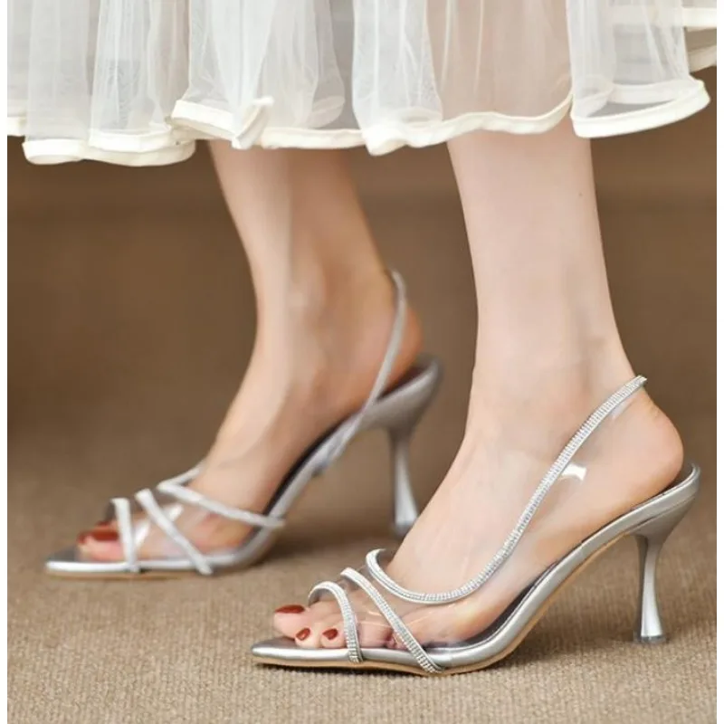 Women Summer Rhinestone Slingback Pumps Office Lady Transparent Heeled Sandals Elegant Pointed Toe Sexy High Heels Sandals
