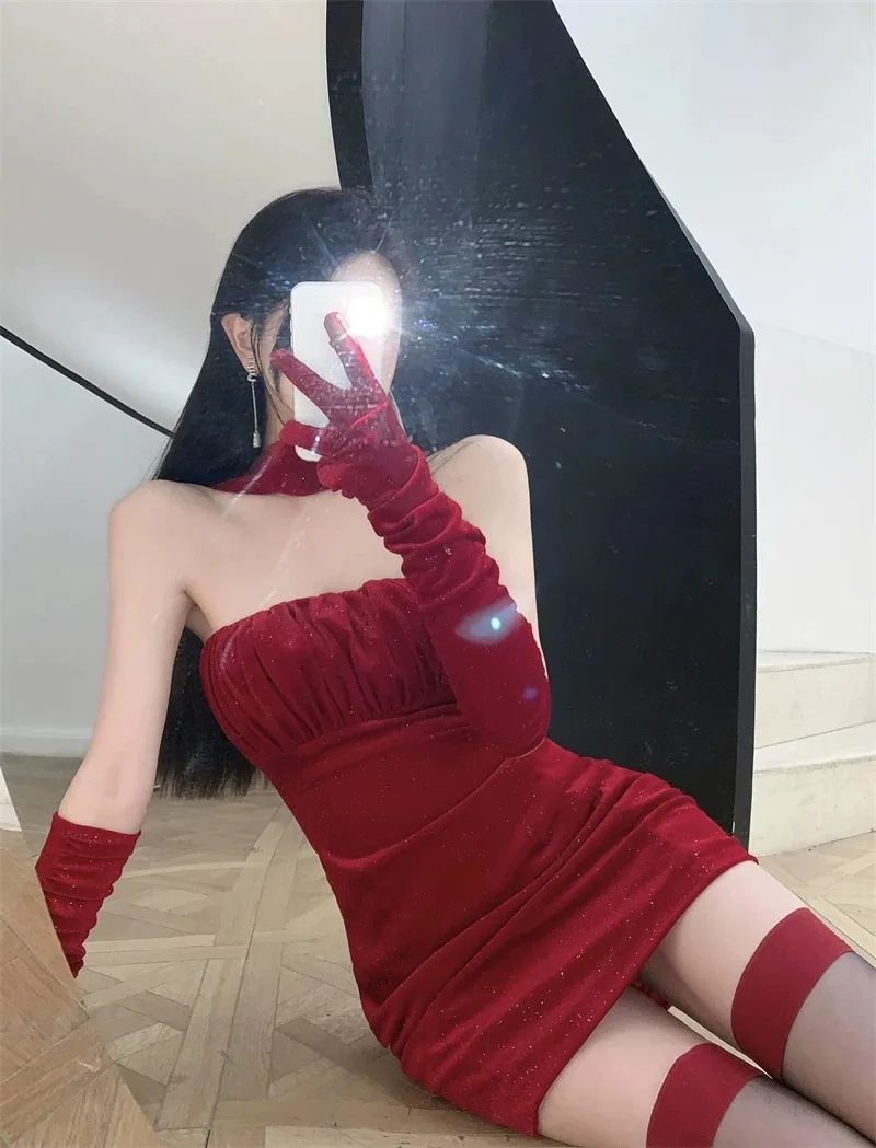 Sexy Bodycon Velvet Mini Dresses for Women Strapless Slim Waist Birthday Party Evening Dress Korean Fashion One Piece Vestidos