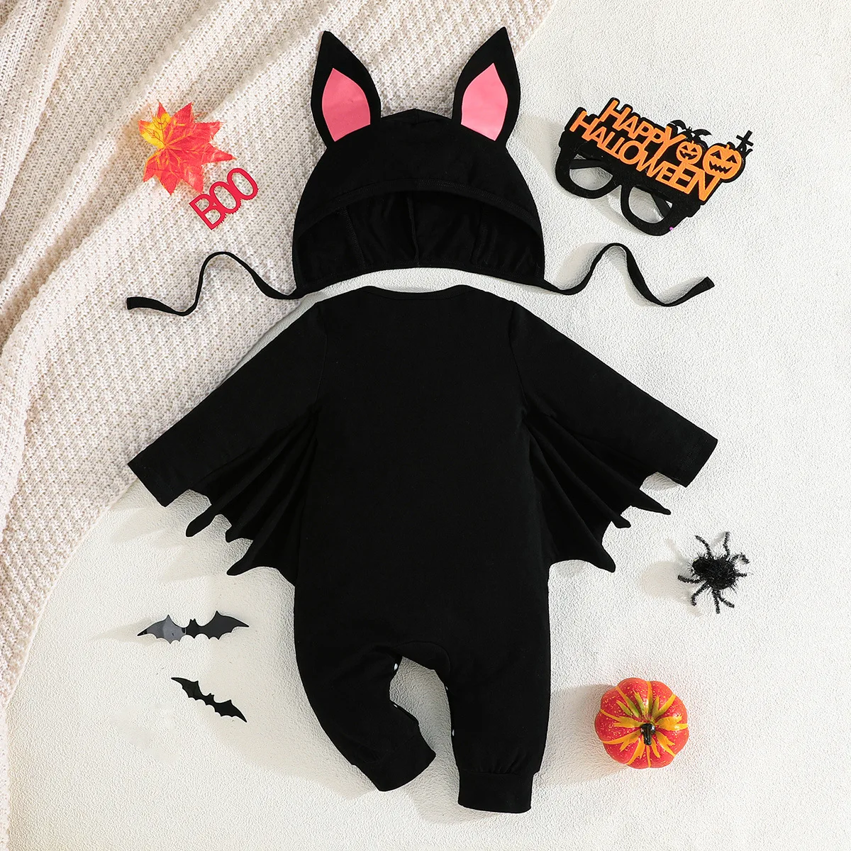 Kinder-Halloween-Baby-Kleidungsset, Fledermaus-Ohr-Kapuzen-Kopfbedeckung und im Dunkeln leuchtender Skelett-Druck, geflügelter Strampler für Kinder, Unisex – Detail 9