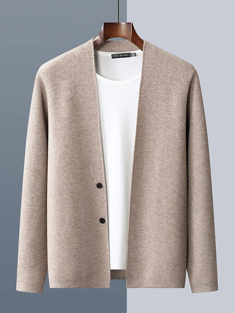 CHICUU Autumn Winter Men Cashmere Sweater Coat Basic V-neck Cardigan 100% Merino Wool Knitwear Smart Casual Jacket Korean Tops 5