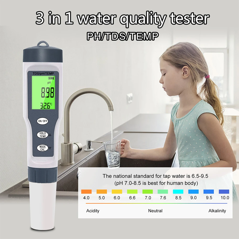 New 3 IN 1 PH Meter Water Quality Tester PH/TDS/TEMP Digital LCD EZ 9901 Monitor Tester For Pools , Drinking Water ,Aquariums