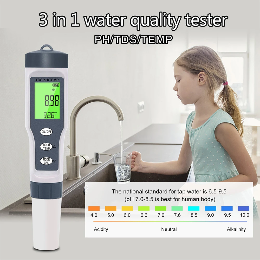 Nuovo Misuratore Di Ph 3 In 1 Tester Di Qualità Dell'Acqua Ph/Tds/Temp Digital Lcd Ez 9901 Tester Per Monitor Per Piscine, Acqua Potabile, Acquari