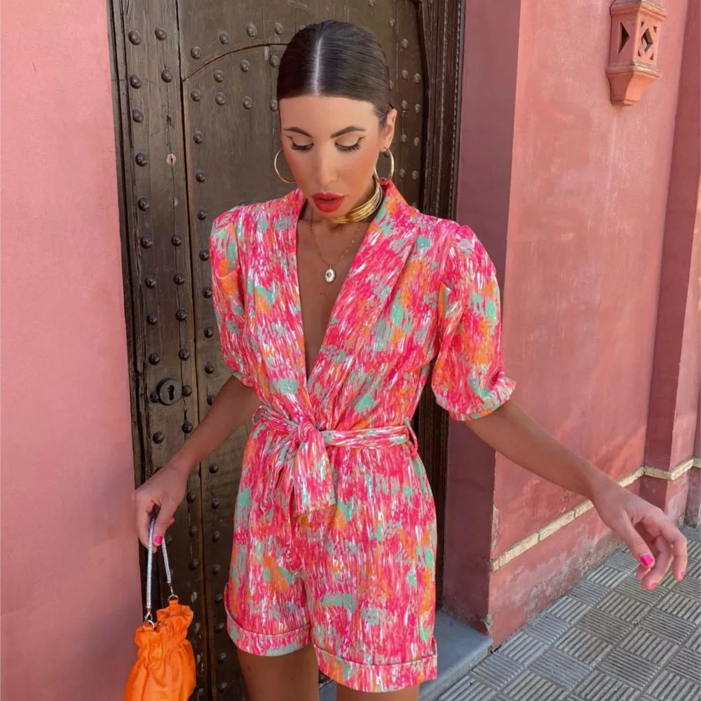 Jumpsuit Women 2024 Sexy V Neck Short Sleeve Print Belt Elastic Waist Pocket Shorts Jumpsuits Summer Outfits 2023 Bodysuit