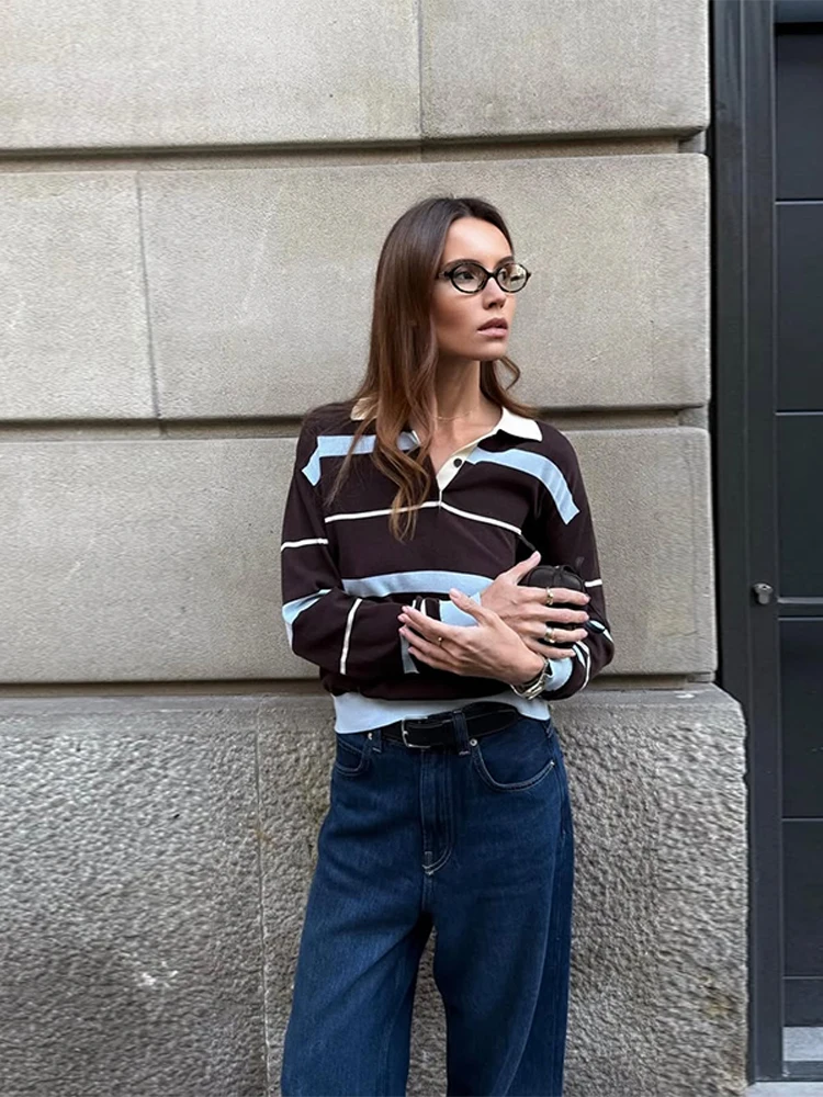 Fashion Stripe Knitted Polo Shirt for Women Casual Female Lapel