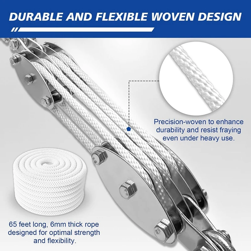 WFF Block And Tackle Pulley System, 4-Wheel Rope Pulley Hoist, 2200LB Work Load With 65Ft Of 1/4 Inch Rope, Compact Rope