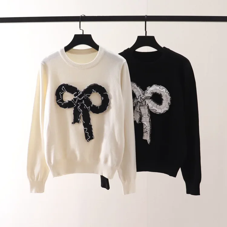 

Bow Appliques Fashion White/Black Color Women Sweater Autumn Full Sleeves Sweet Style Lady Pullovers Jumpers Clothes