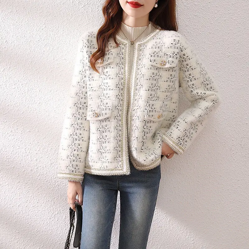 

Elegant Short Autumn Wool Coat Women Korean Style Print Patchwork Tweed Jackets Korean Style Knitted Sweater Cardigan Outwear