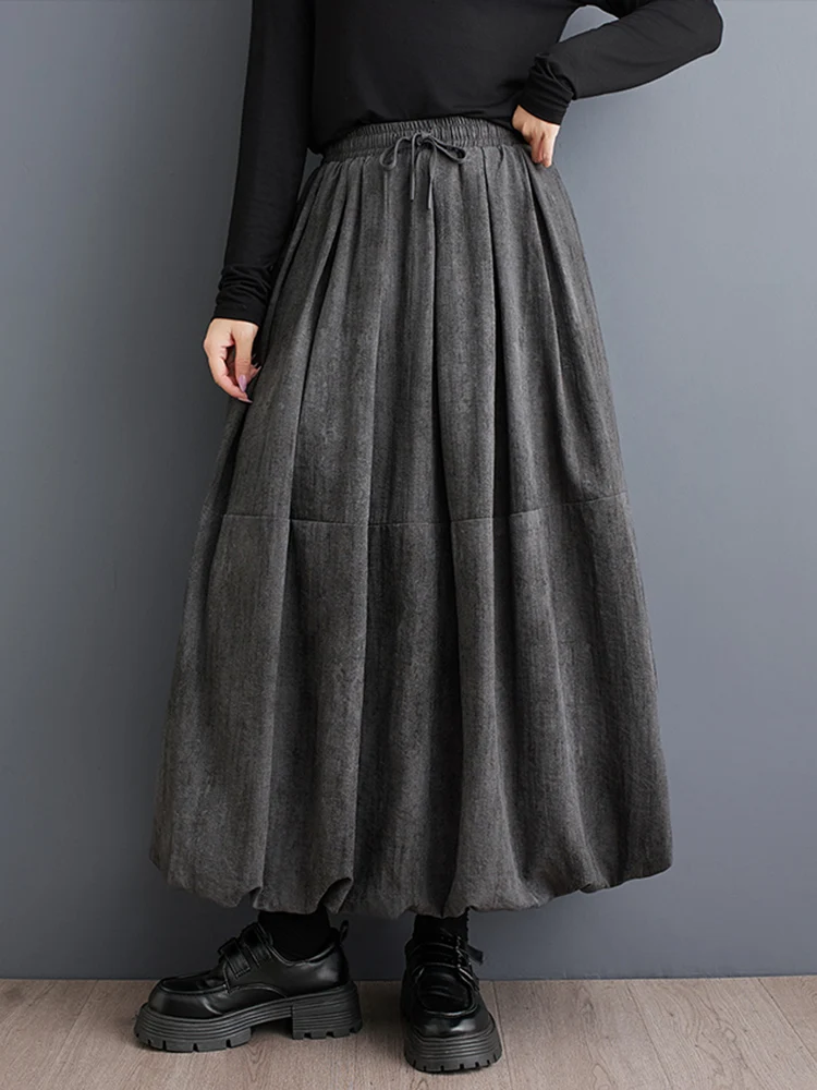 2025 Spring Autumn New Vintage High Waist Pleated Skirt Women Plus Size Fashion Drawstring Loose Casual Midi Skirts Clothing