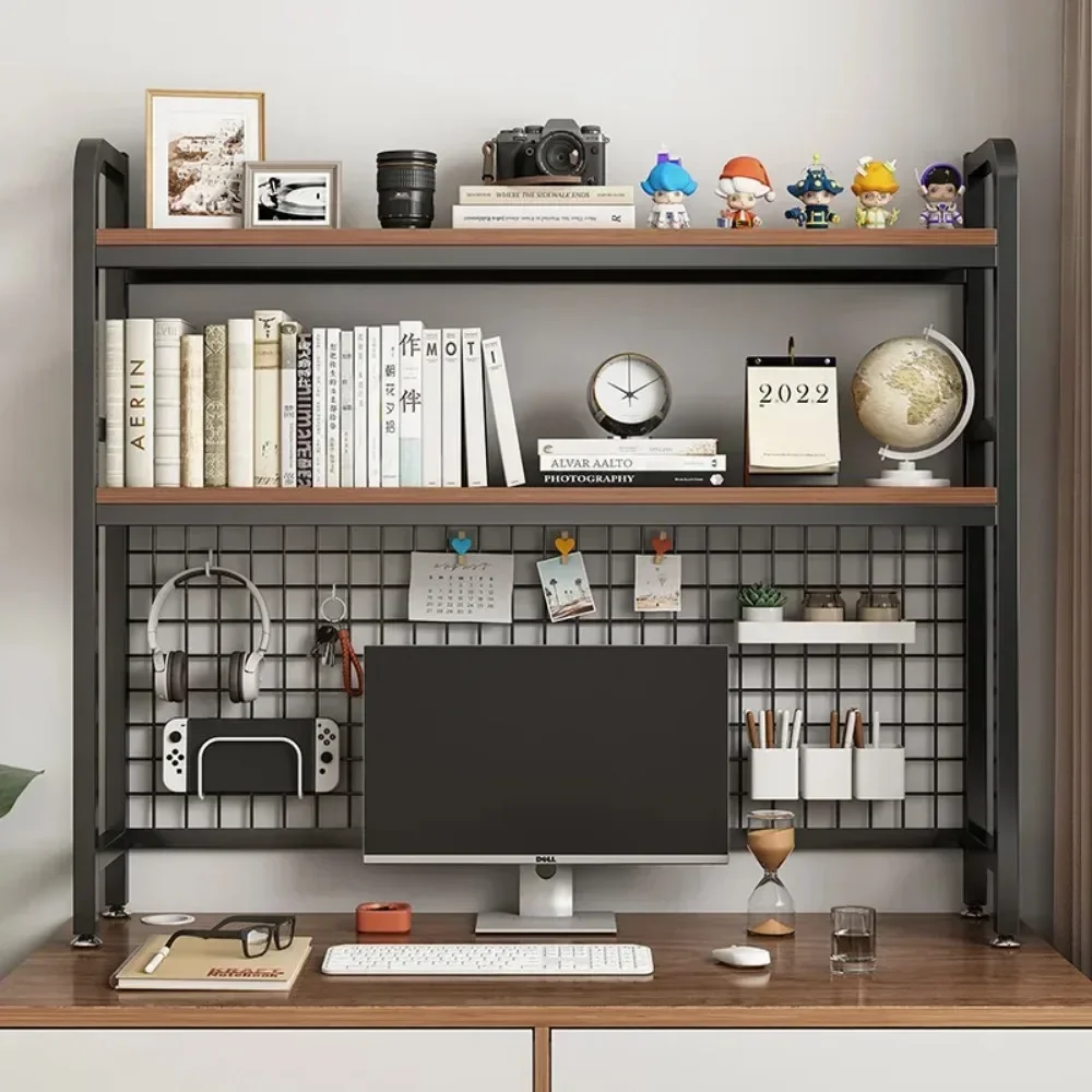 Desktop Multi-Layer Wrought Iron Shelf Table Hole Board Table Wooden Shelves Bookcase Grid Bookshelf Student Computer Desk