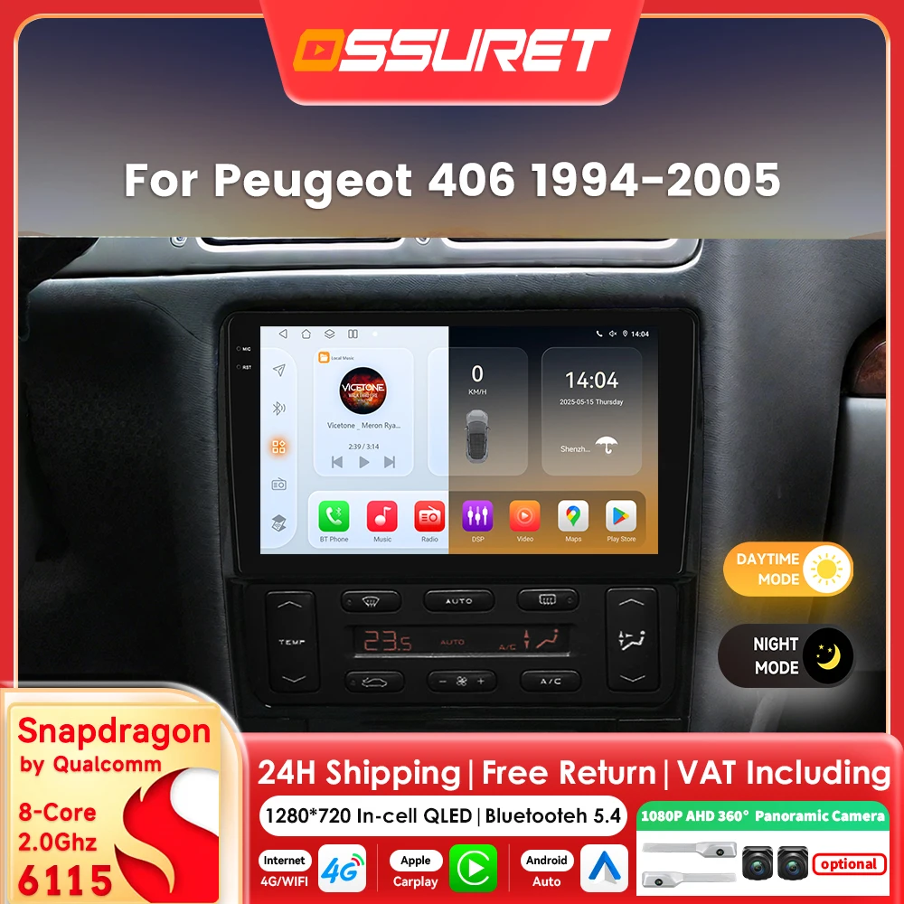 9 "2din Carplay Andorid 14 Autoradio für Peugeot 406 1994-2005 Multimedia-Player von Snapdragon 6115 Autoradio GPS 360 Cam Bildschirm