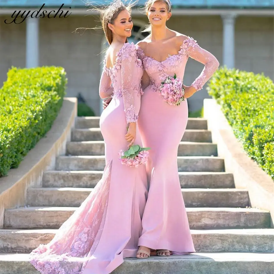 

Mermaid Pink V-Neck Bridesmaid Dresses 2022 Long Sleeves Appliques For Women Wedding Party Dress Elegant Prom Vestido De Noiva