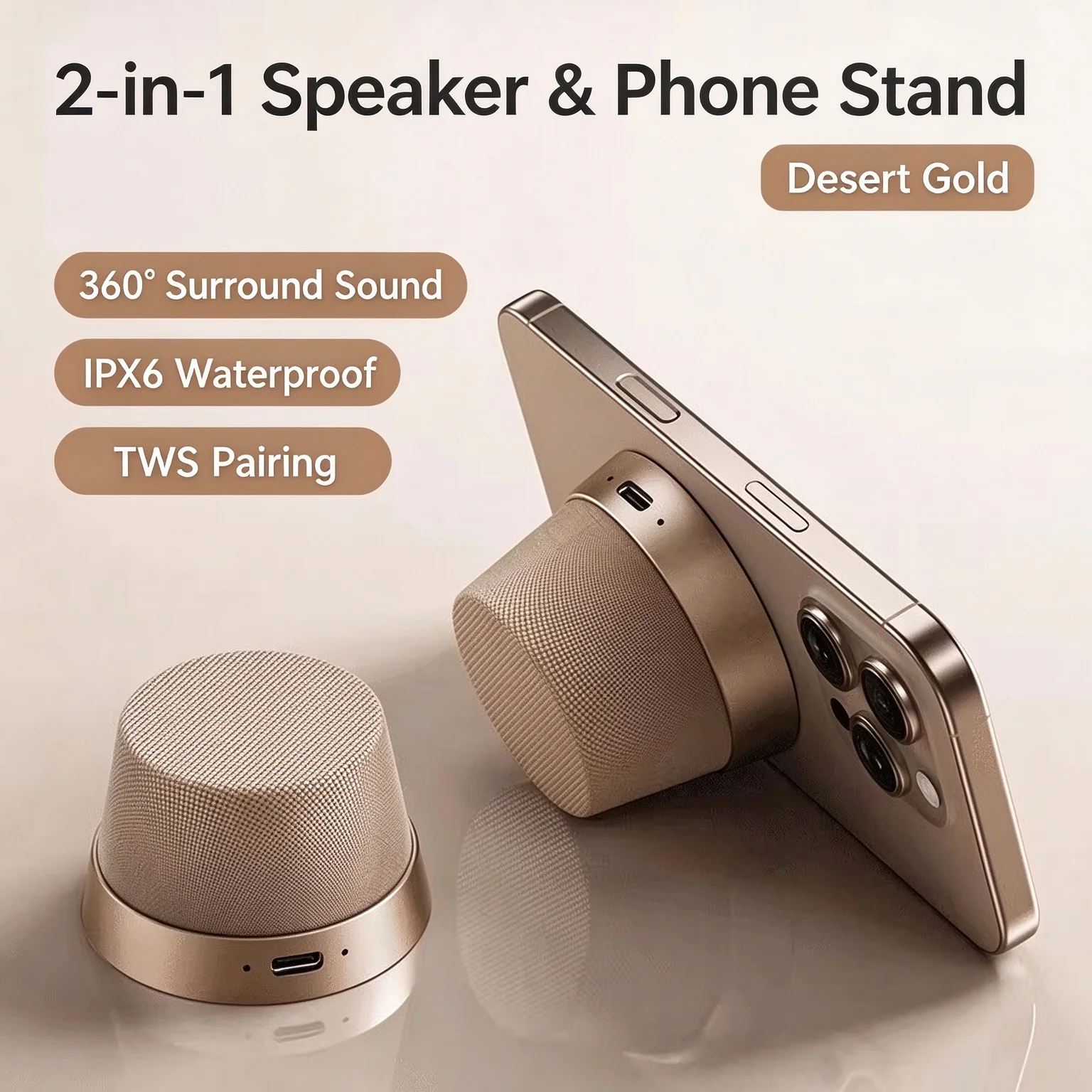 Compact Magnetic Bluetooth Speaker with Phone Stand, 360° Surround Sound, Waterproof, TWS Pairing, Portable