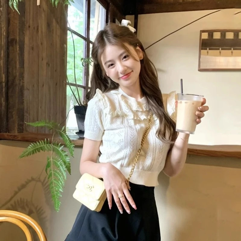 

French gentle wind design niche hollowed out knit shirt short sleeve T-shirt female summer short chic top ins