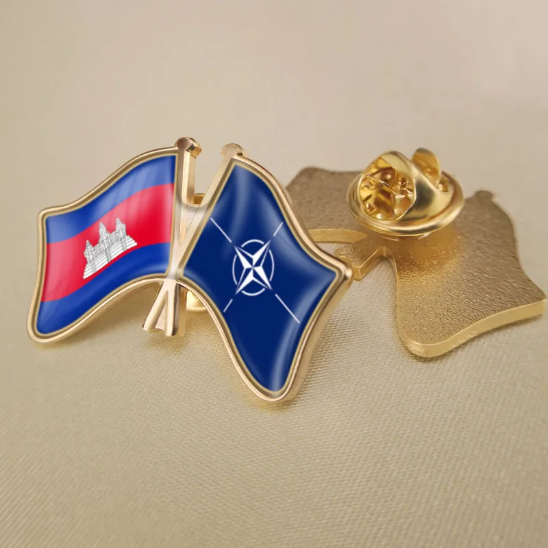

Cambodia and NATO North Atlantic Treaty Organization Crossed Double Friendship Flags Lapel Pins Brooch Badges