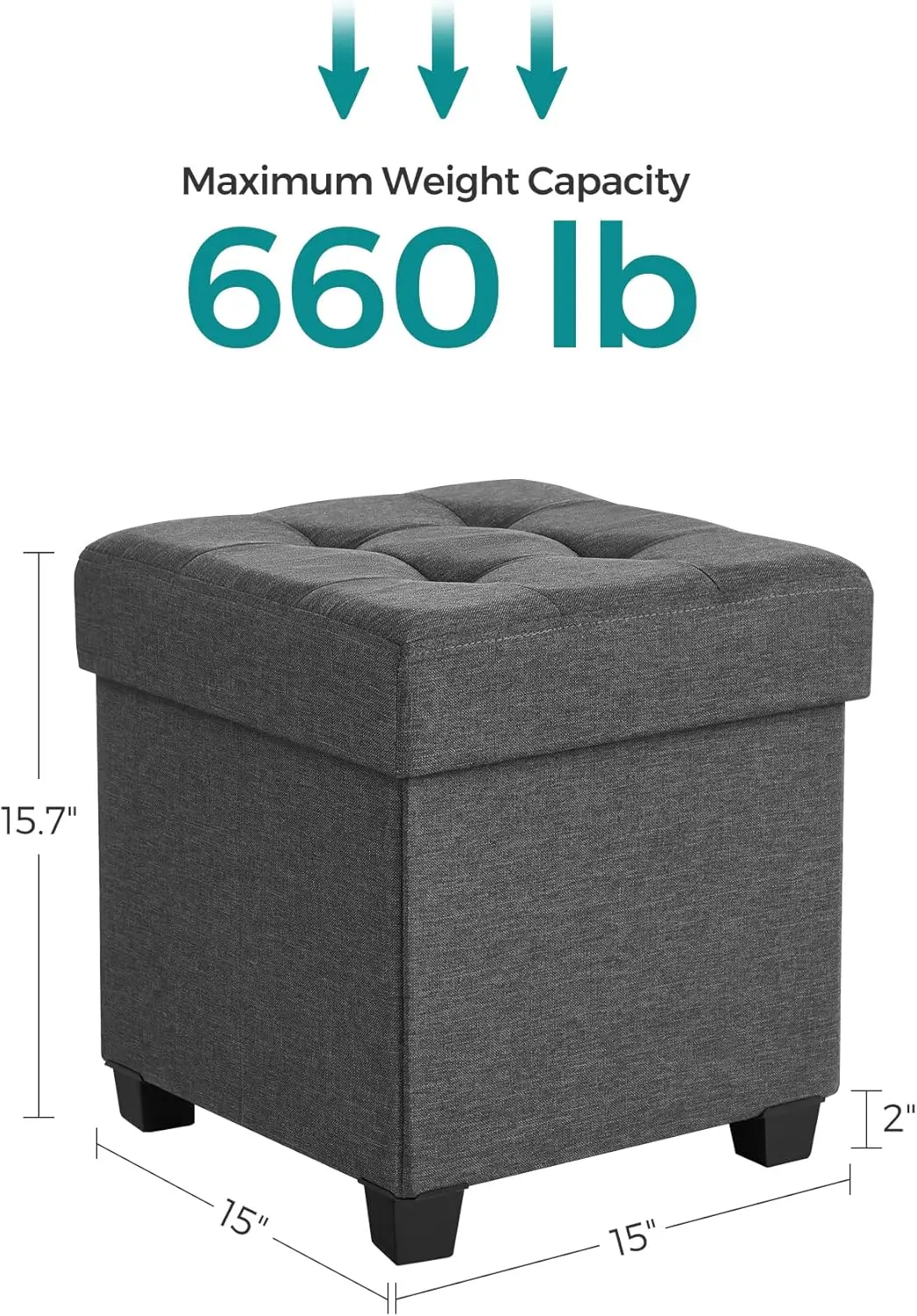 15 Inches Cube Storage Ottoman, Bedroom Bench with Storage, Foot Stool with Feet, Holds Up to 660 lb, Dark Gray ULSF14GYZ