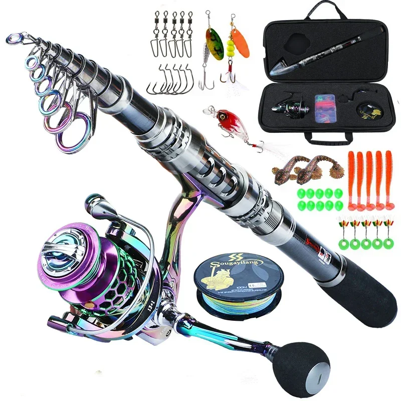 Sougayilang Telescopic Fishing Rod Spinning Reel and Fishing Line Lures Carrier Bag Set for Travel Saltwater Freshwater fishing pole set fishing rod and reel combo