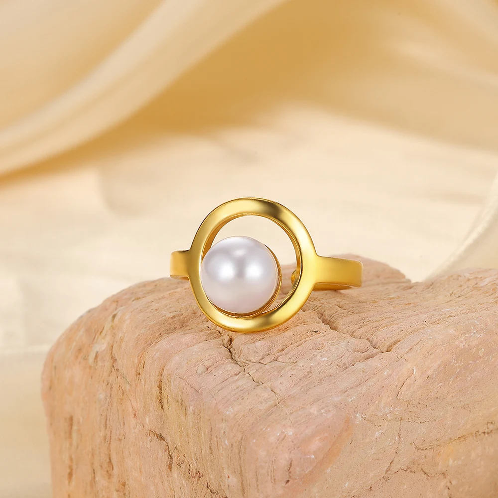 New Stainless Steel Pearls Creative Open Rings For Women Punk Geometric Waterproof Flower Ring Ocean Jewelry Aesthetic Gift