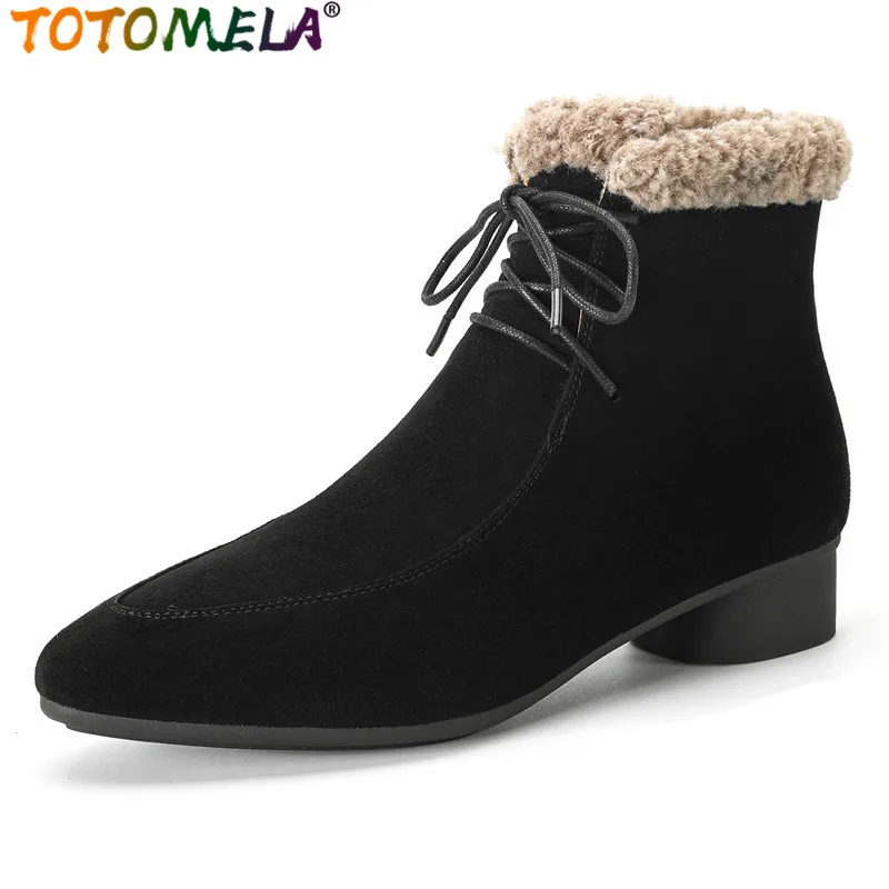 

TOTOMELA Size 34-41 New Suede Leather Winter Ankle Boots For Women Square Heels Lace Up Ladies Fashion Office Dress Shoes